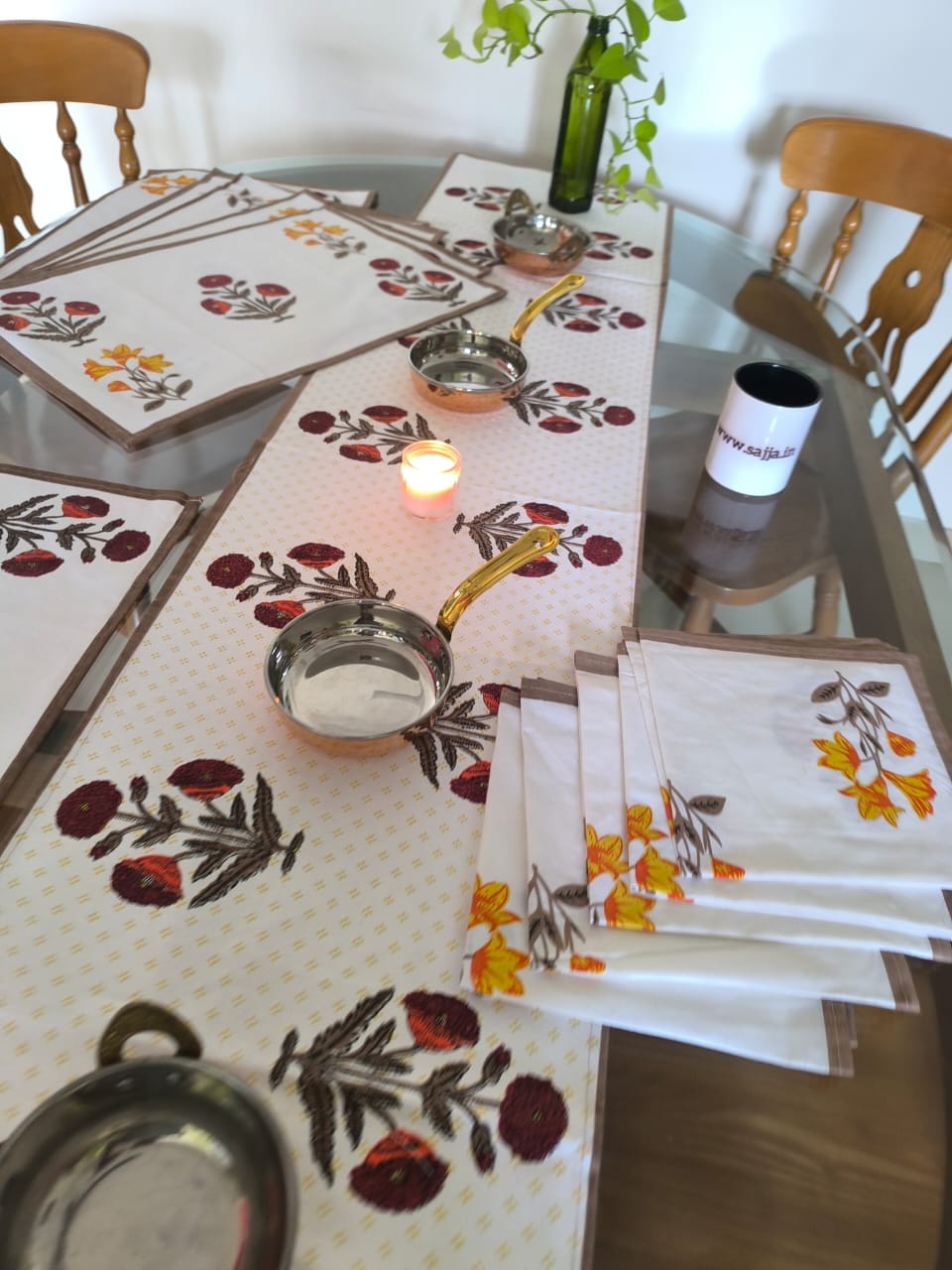 Sajja Handblock Table Linen Set Yellow Poppy floral Set of 13- Table Runner, 6 Table Mats , 6 napkins
