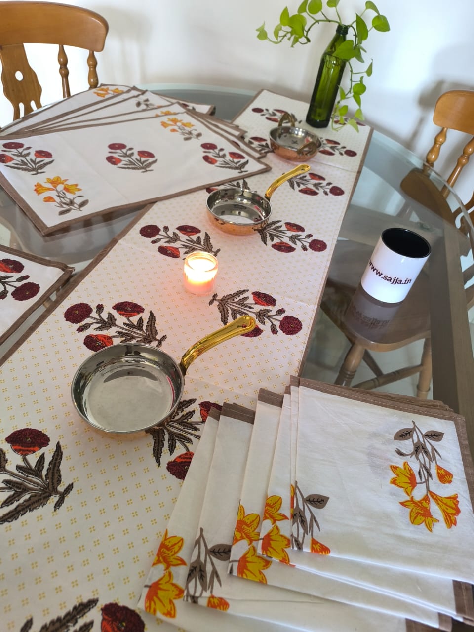 Sajja Handblock Table Linen Set Yellow Poppy floral Set of 13- Table Runner, 6 Table Mats , 6 napkins
