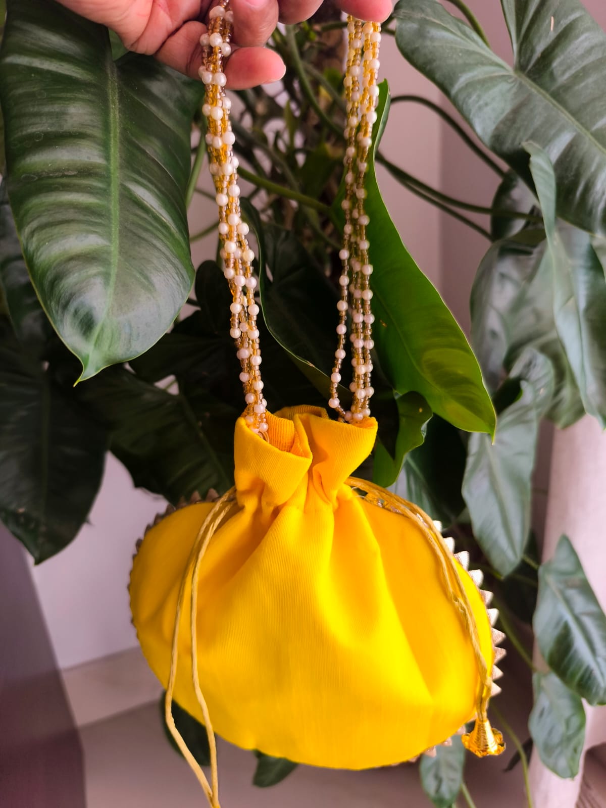 Designer Mango Yellow Brocade Potlis Gift Bags | Handcrafted Potli Bags | Buy Party favors party favors