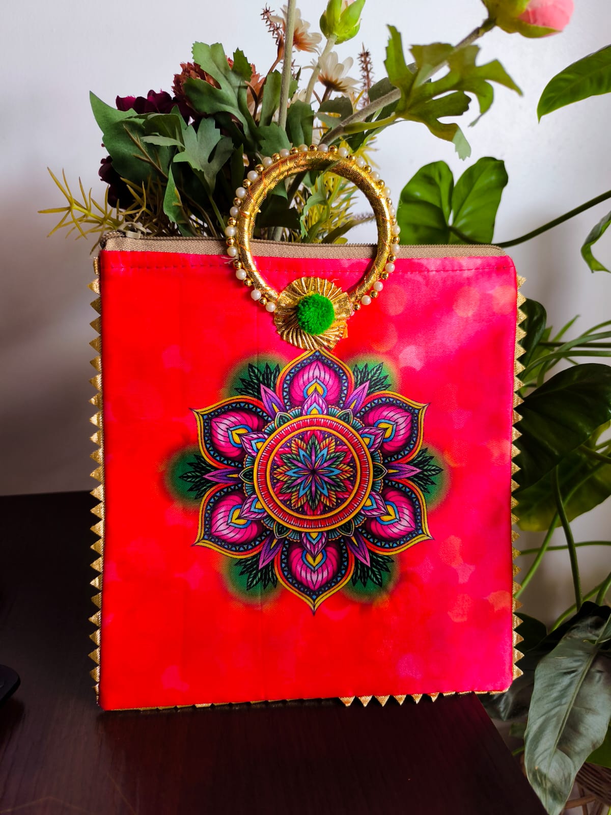 Designer Satin Mandala Gift Bags | Handcrafted Potli Bags – Reddish Orange