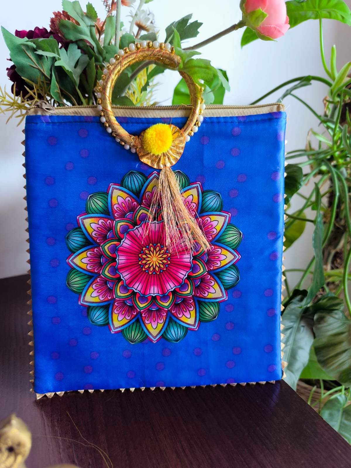 Designer Satin Mandala Gift Bags | Handcrafted Potli Bags – Where Tradition Meets Elegance! Blue mandala print