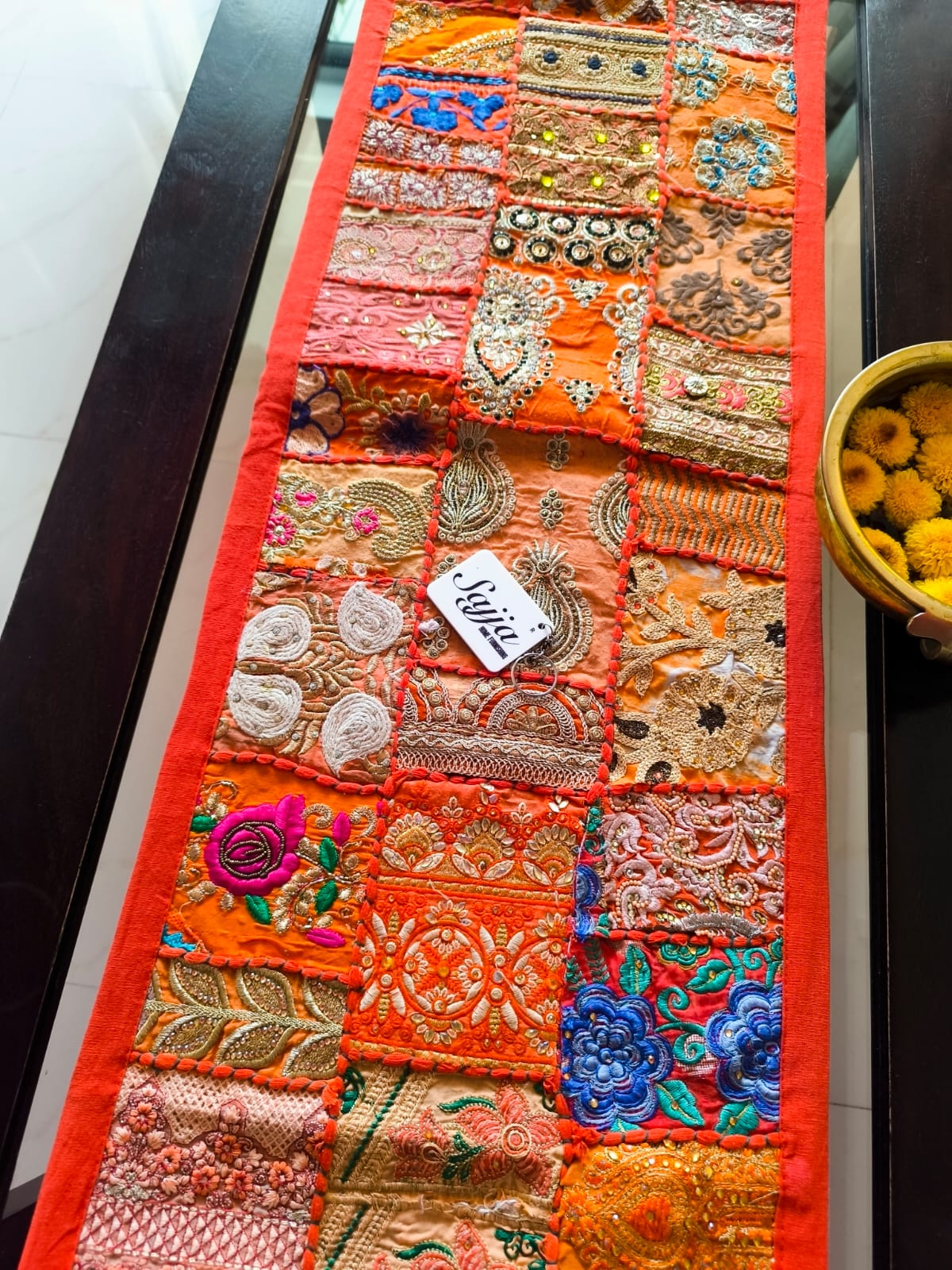 Orange Patchwork Embroidered Cotton Khambadiya Patchwork Table Runner