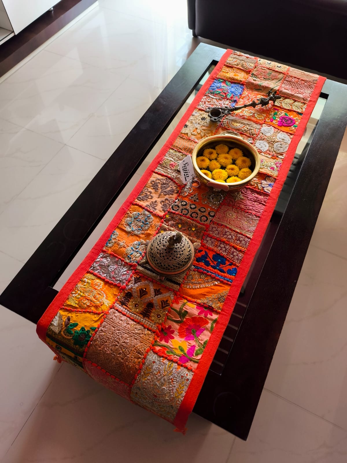 Orange Patchwork Embroidered Cotton Khambadiya Patchwork Table Runner