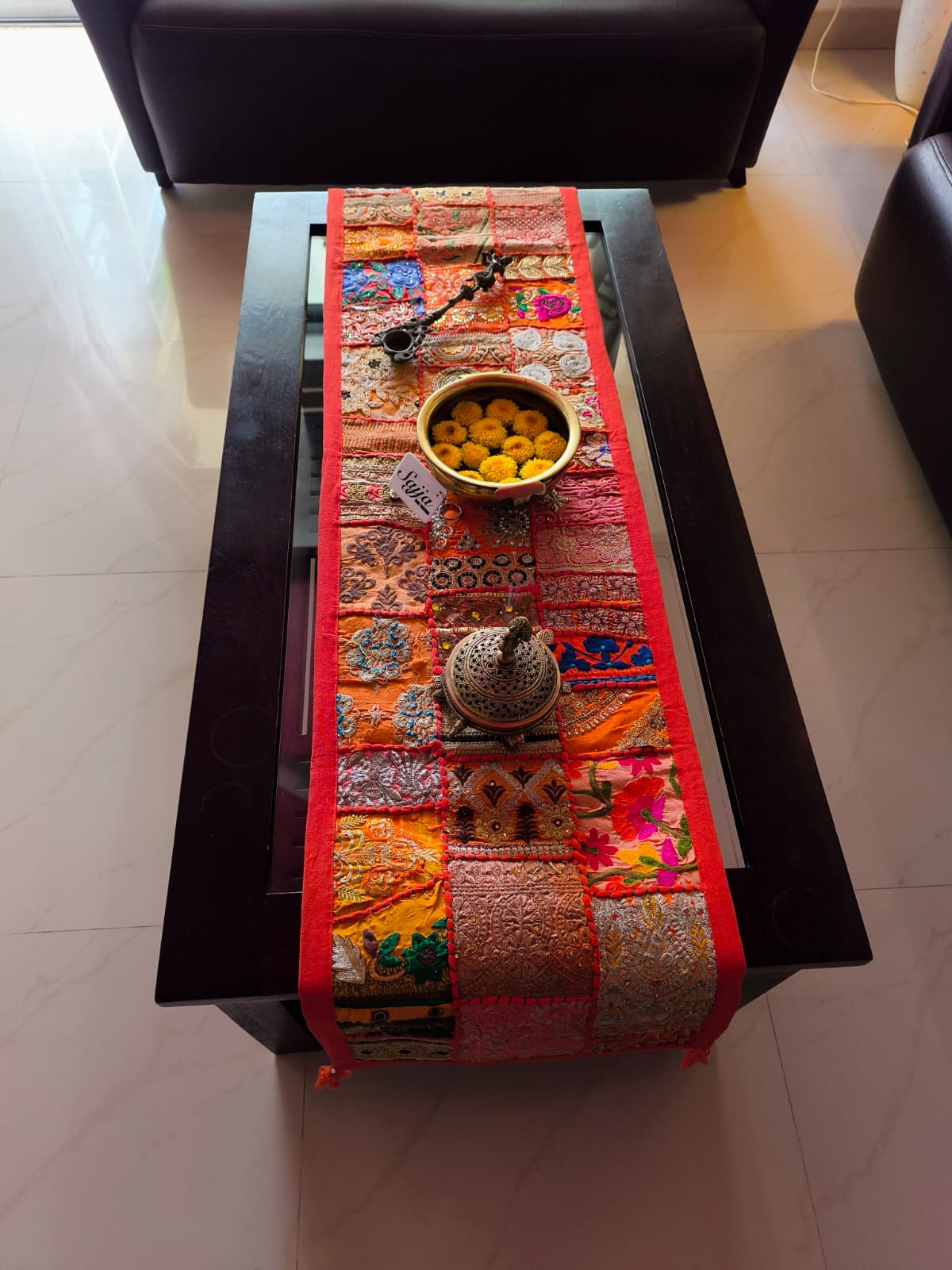 Orange Patchwork Embroidered Cotton Khambadiya Patchwork Table Runner