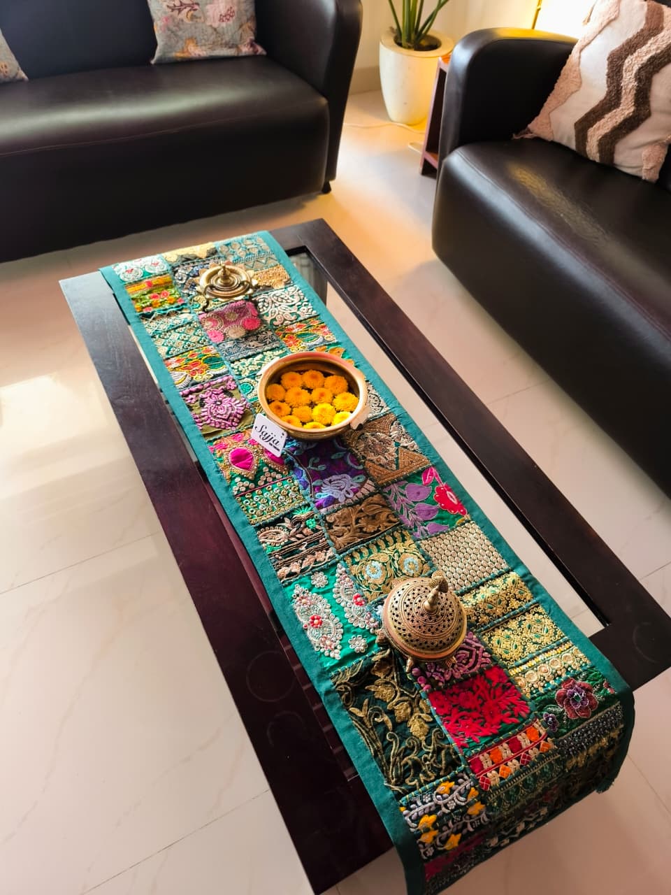 Green Patchwork Khambadiya Table Runner (14 x 60 inches)