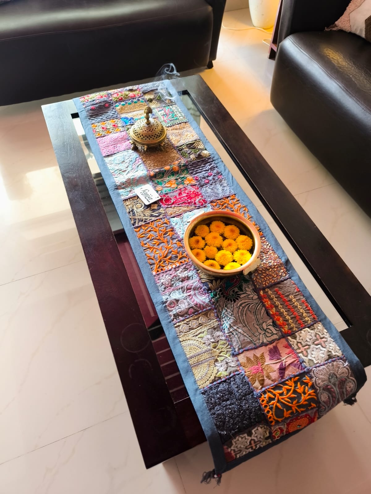 Grey Handmade Embroidered Patchwork Multicolor Cotton Table Runner