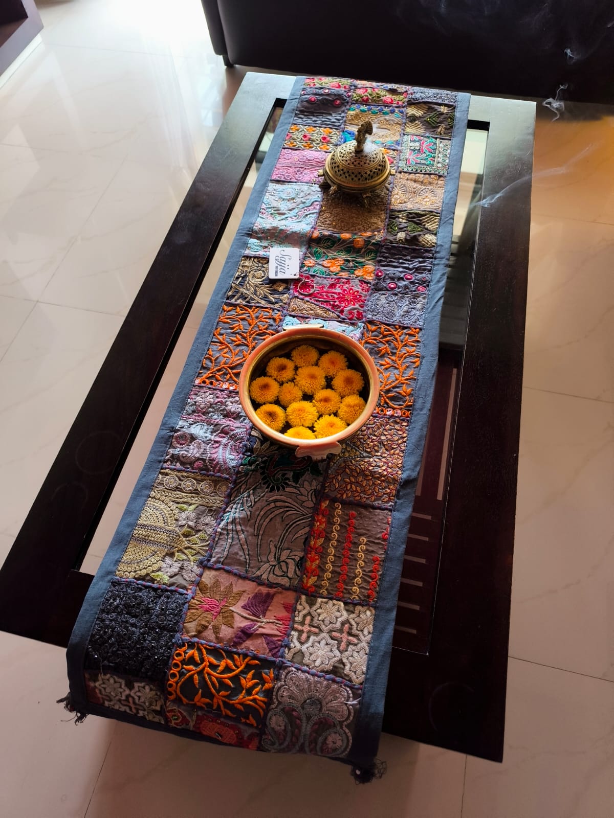 Grey Handmade Embroidered Patchwork Multicolor Cotton Table Runner