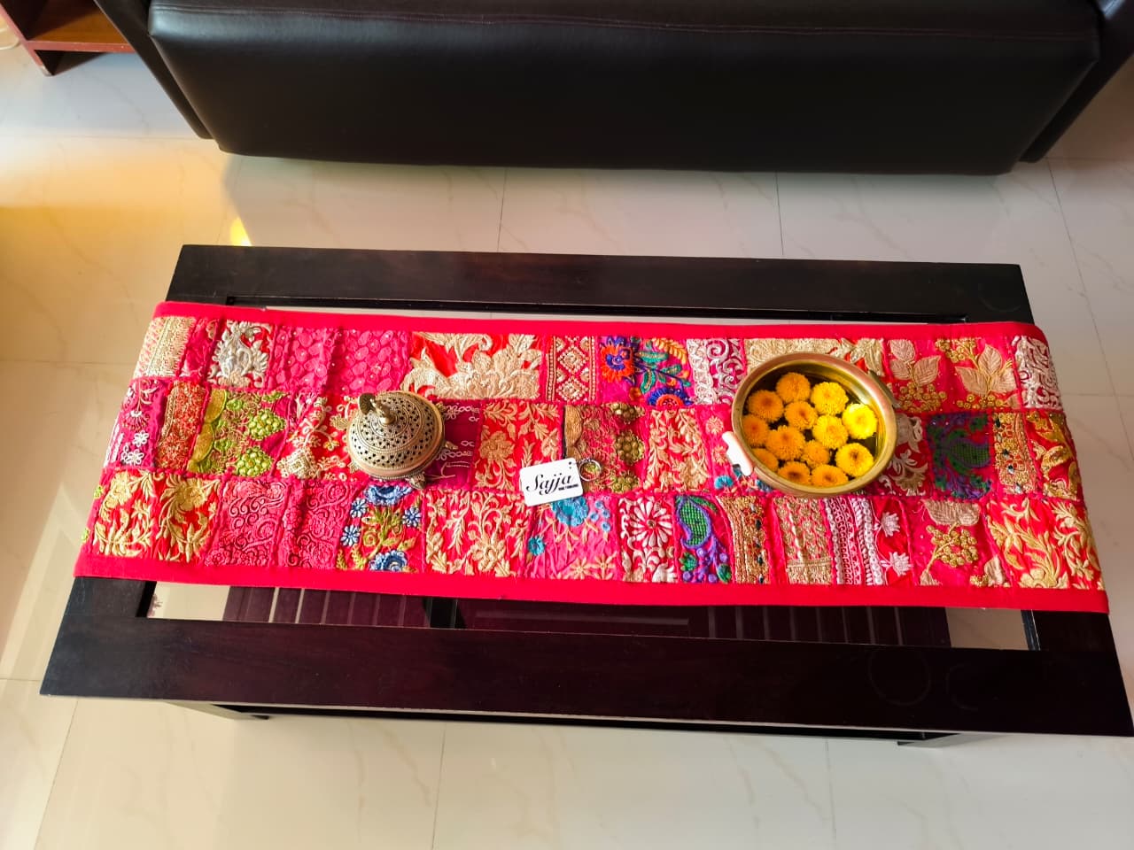 Red Ethnic Embroidered Cotton Table Runner (14 x 60 inches)
