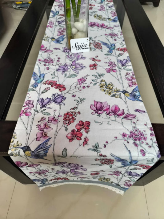 Gorgeous Bird Tryst to Destiny Cotton Table Runner With Crochet Lace |  Microwave Cover