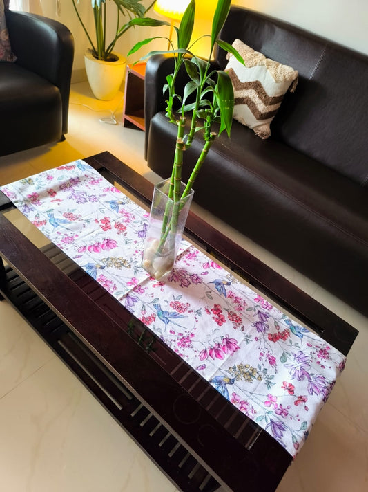 Gorgeous Bird Tryst to Destiny Cotton Table Runner With Crochet Lace |  Microwave Cover