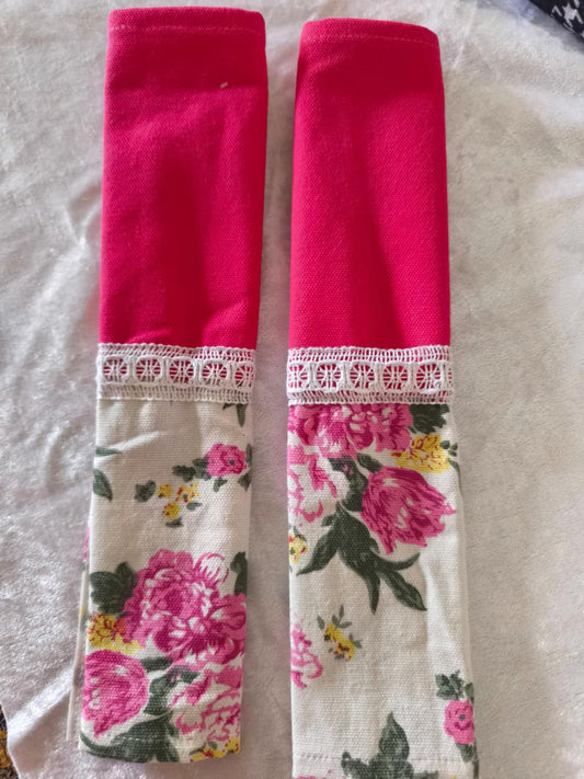 Thick Cotton Cloth Pink Floral White Fridge Handle Covers (Pair)