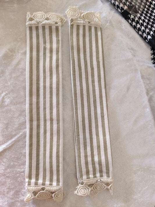 Cotton Moss Green  White Striped Fridge Handle Covers (Pair) with Victorian lace