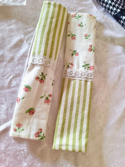 Sajja Floral Cotton Cloth Green White Striped and Floral Fridge Handle Covers (Pair)