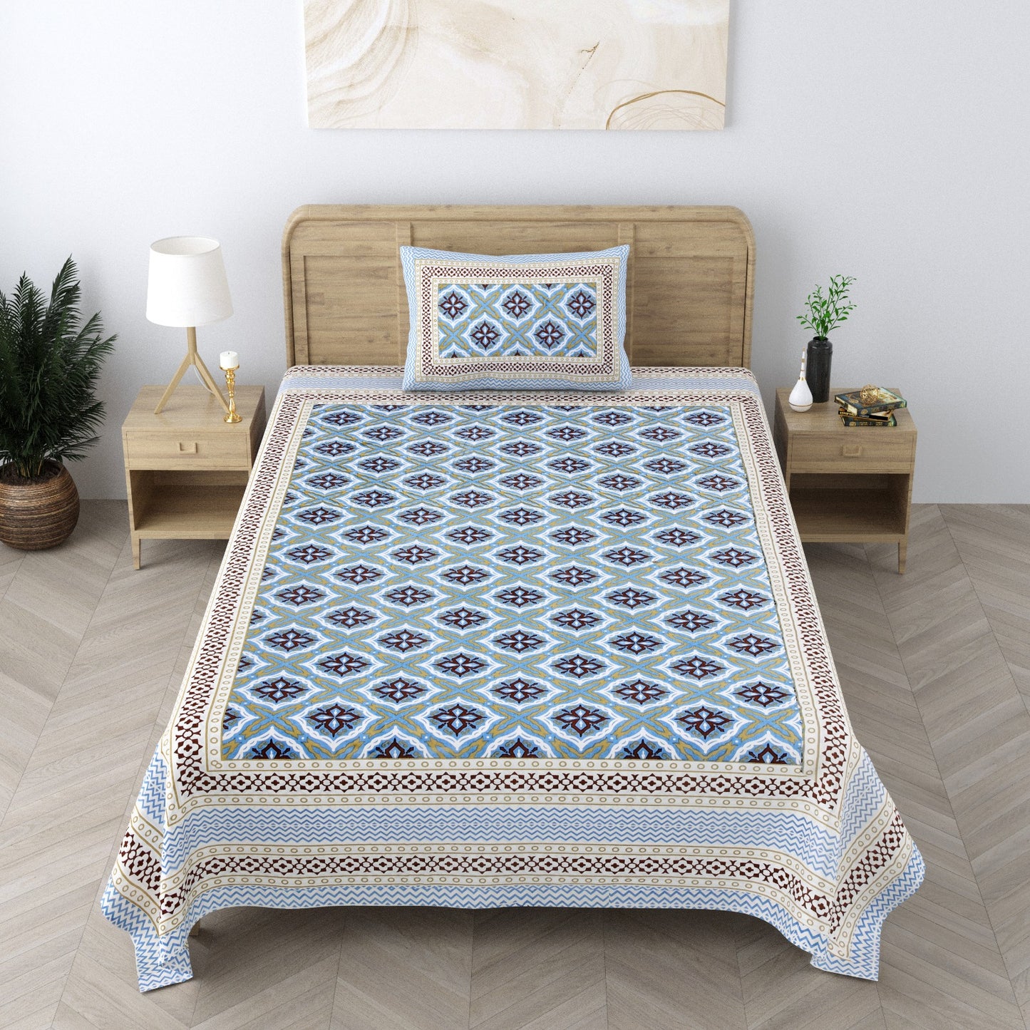 Hand block Print Pure Cotton Blue Abstract Pattern Single Bedsheet (60 x 90in)