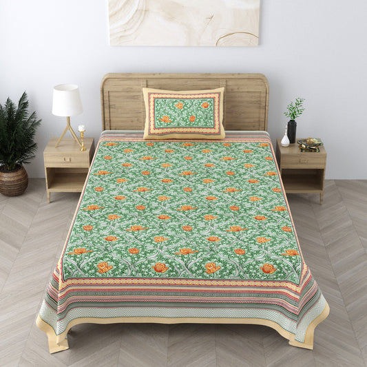 Pure Cotton Hand block Floral Motif Green Kamal Single Bedsheet (60x 90in)
