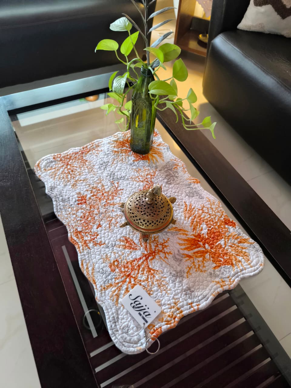 Coral White Orange Quilted Organic Cotton Focal Runner Table Placemat Multicolour