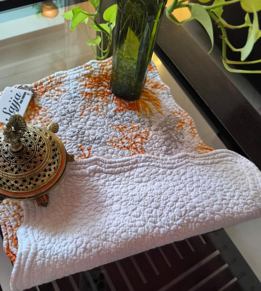 Coral White Orange Quilted Organic Cotton Focal Runner Table Placemat Multicolour
