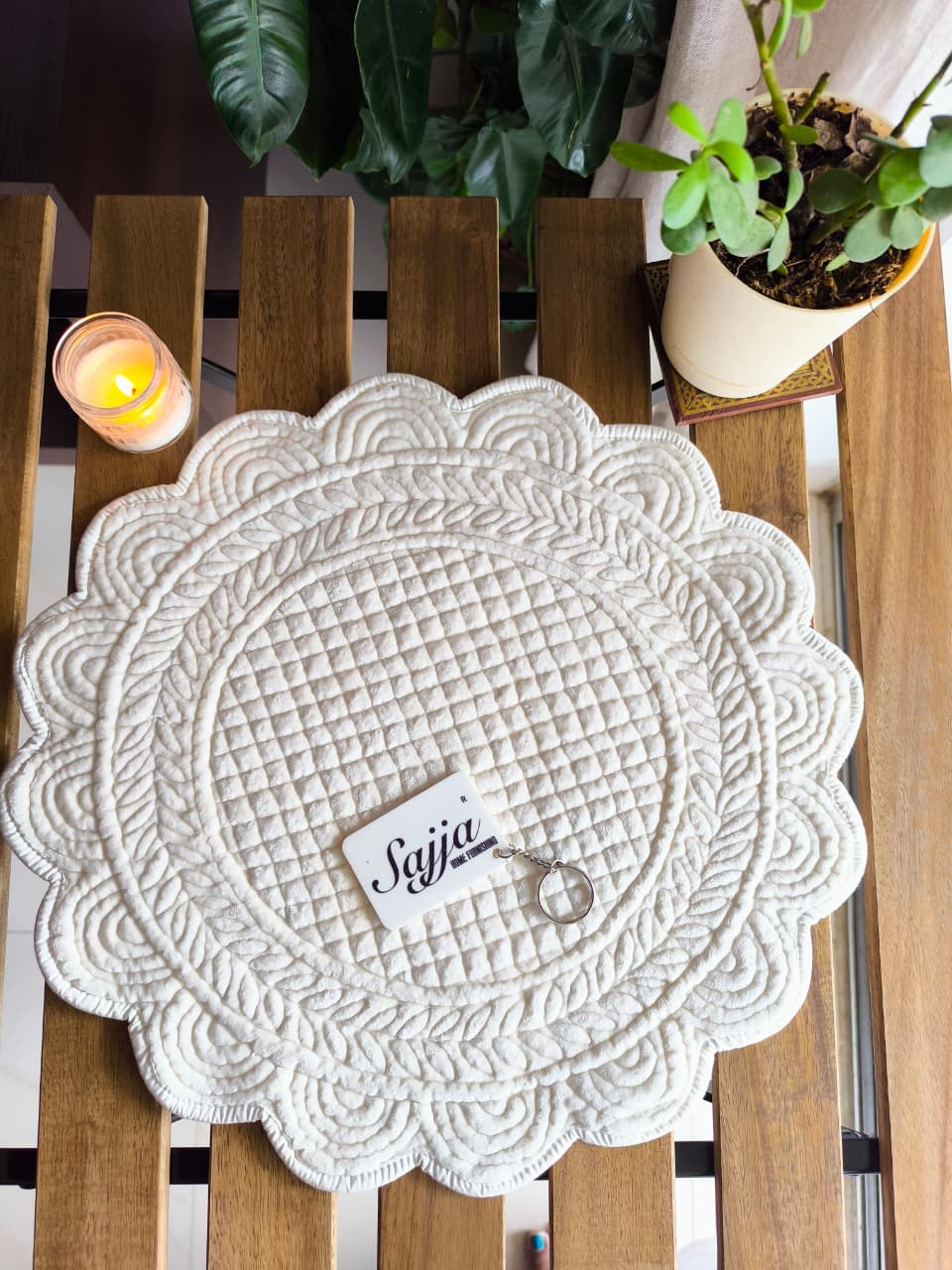 Velvet Ivory Leaves and Spirally Round Table Fabric Decorative Quilted Table Mats 1 piece