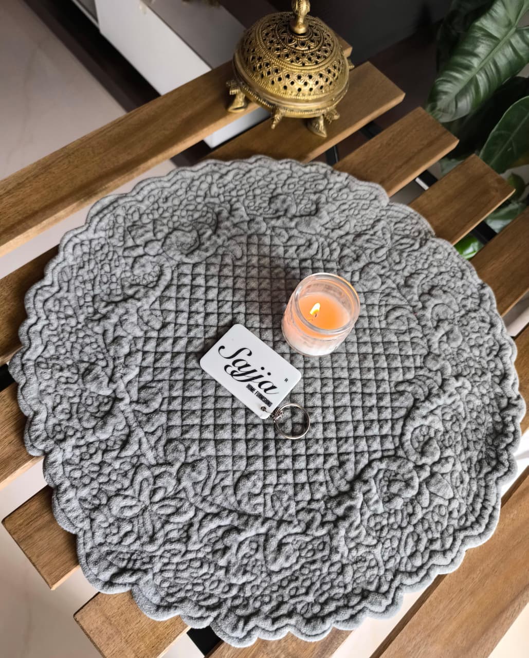 Velvet Grey Round Table Fabric Decorative Trapunto Quilted Table Placemat 1 piece