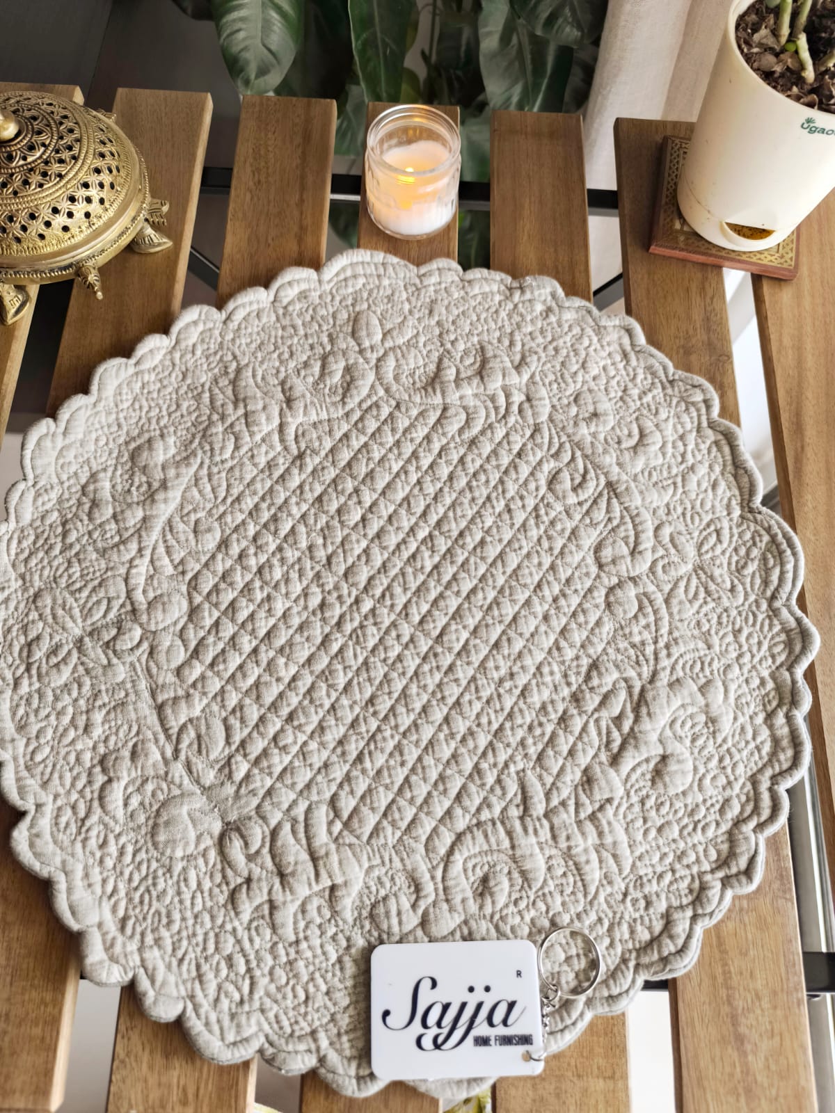 Velvet Grey Round Table Fabric Decorative Trapunto Quilted Table Placemat 1 piece