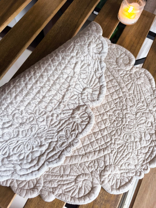 Victorian Velvet Silver light Brown Trapunto Oval Quilted Organic Cotton Table Placemat - 1 Piece