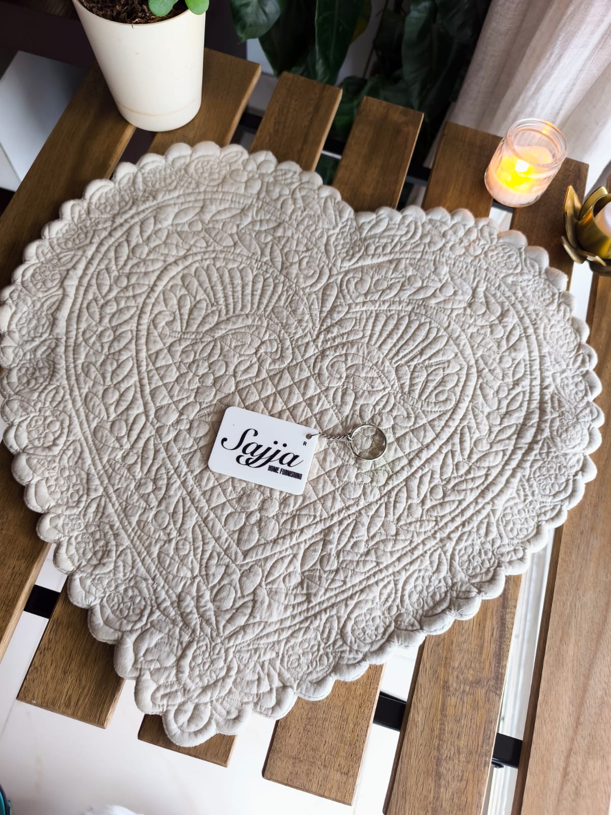 Charismatic Beige Velvet Heart Quilted Table Fabric Placemat mat