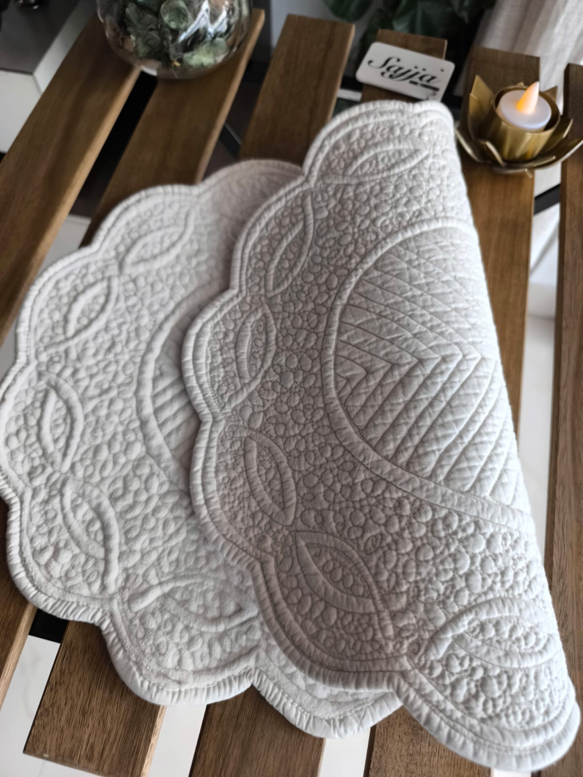 Velvet Chic Off White Embossed Oval Quilted Organic Cotton Table Placemat - 1 piece
