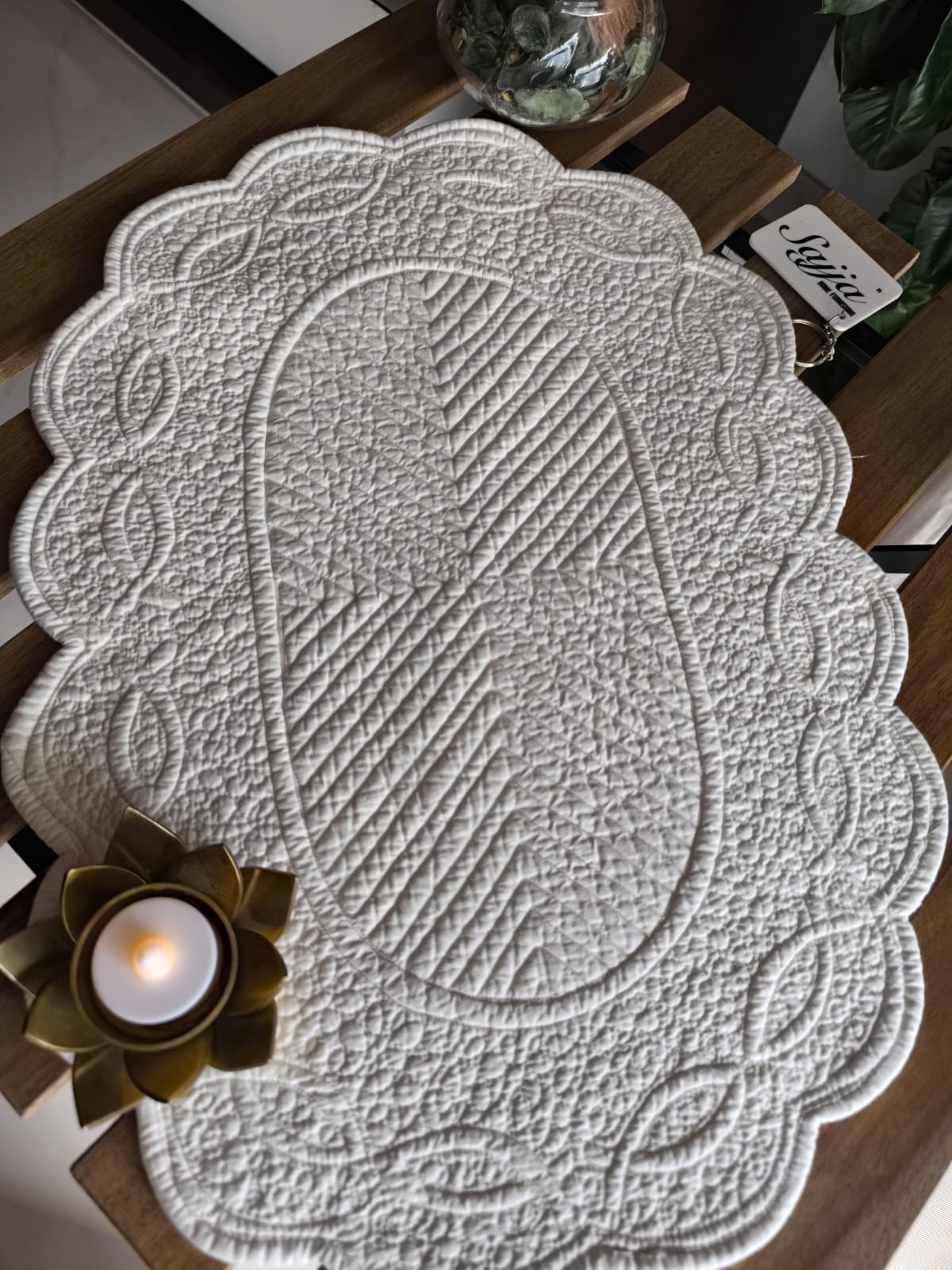 Velvet Chic Off White Embossed Oval Quilted Organic Cotton Table Placemat - 1 piece