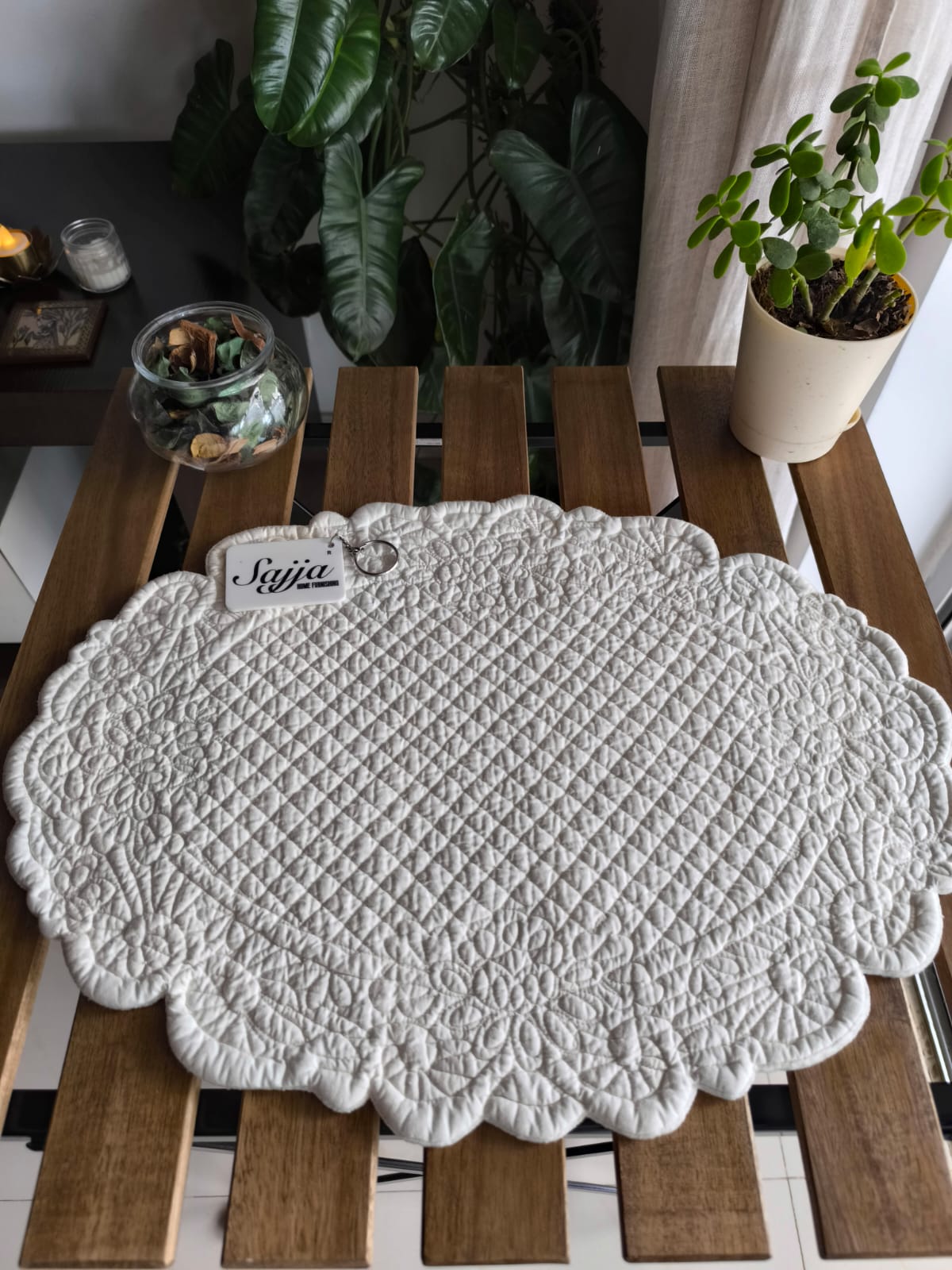Velvet Ivory Embossed Floral Trellis Cotton Oval Quilted Table Fabric Place mat