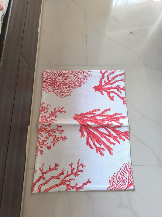 Designer White with Orange Coral Thick Duck Cotton Floor Mat |Use as Table Décor Mat