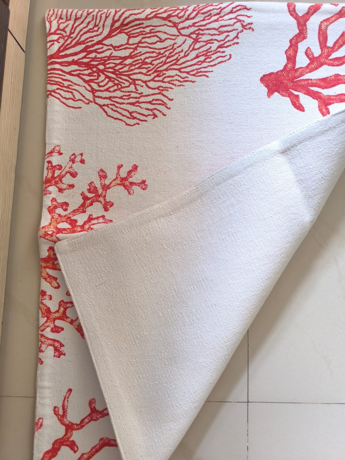 Designer White with Orange Coral Thick Duck Cotton Floor Mat |Use as Table Décor Mat