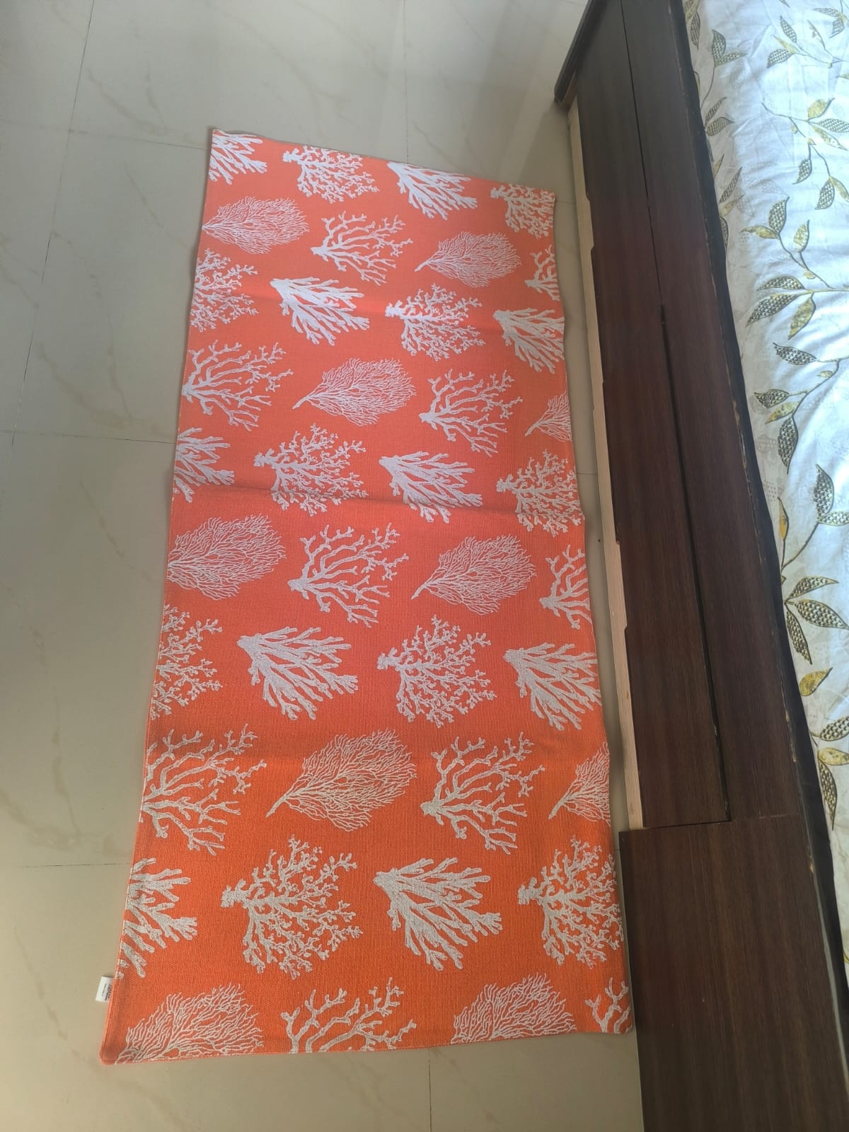 Designer Orange White Coral Reversible Thick Duck Cotton Bedside Runner Rug | Use as Sofa Cover