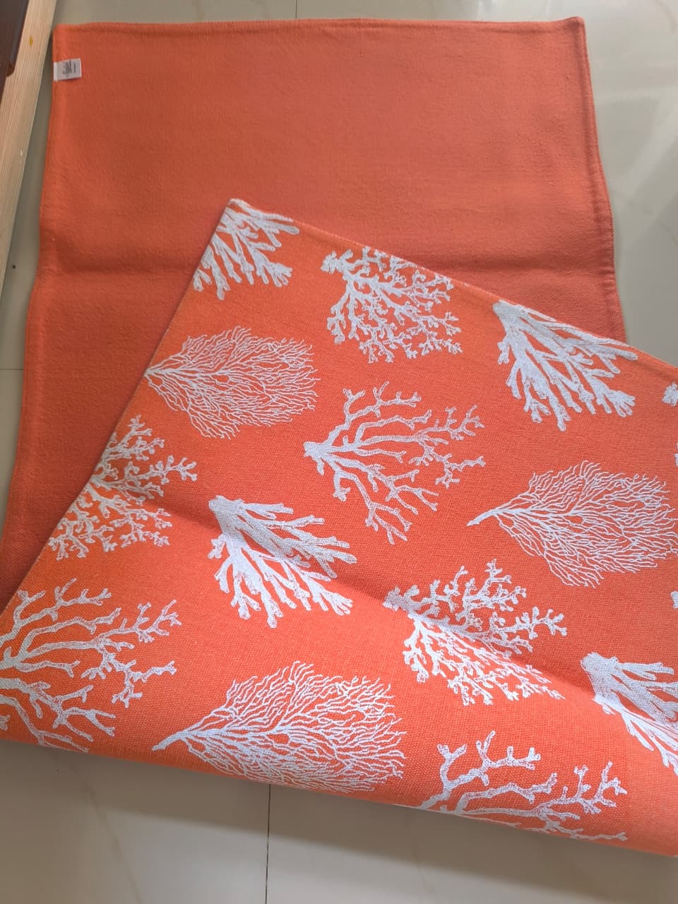 Designer Orange White Coral Reversible Thick Duck Cotton Bedside Runner Rug | Use as Sofa Cover