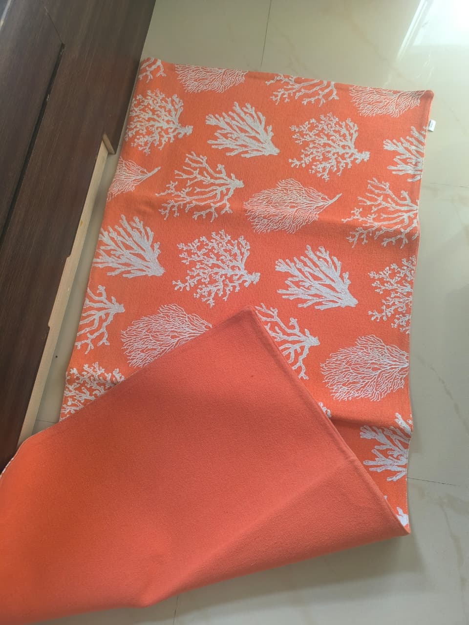 Designer Orange White Coral Reversible Thick Duck Cotton Bedside Runner Rug | Use as Sofa Cover