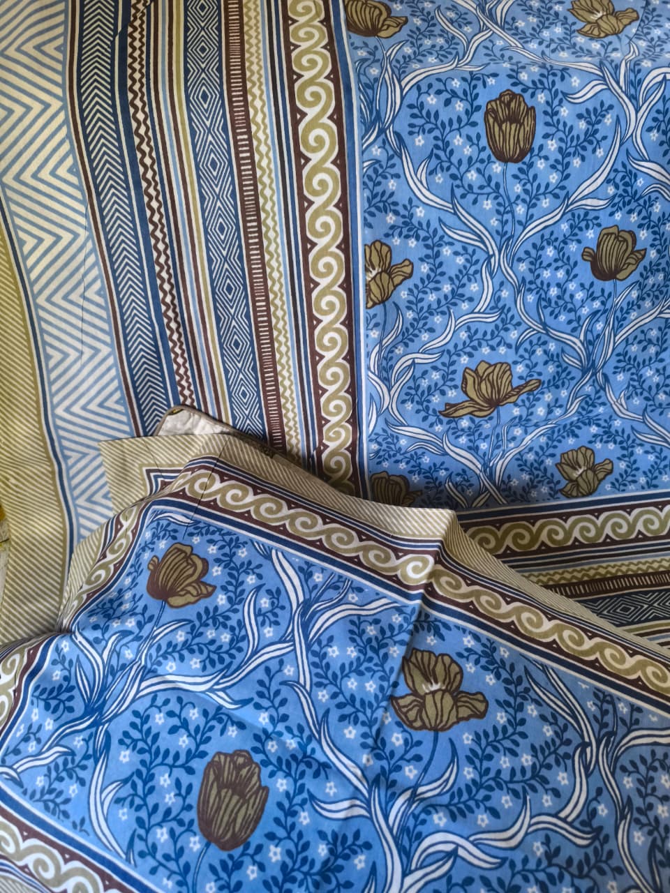 Pure Cotton Hand block Green Blue Floral Single Bedsheet (60x 90in)