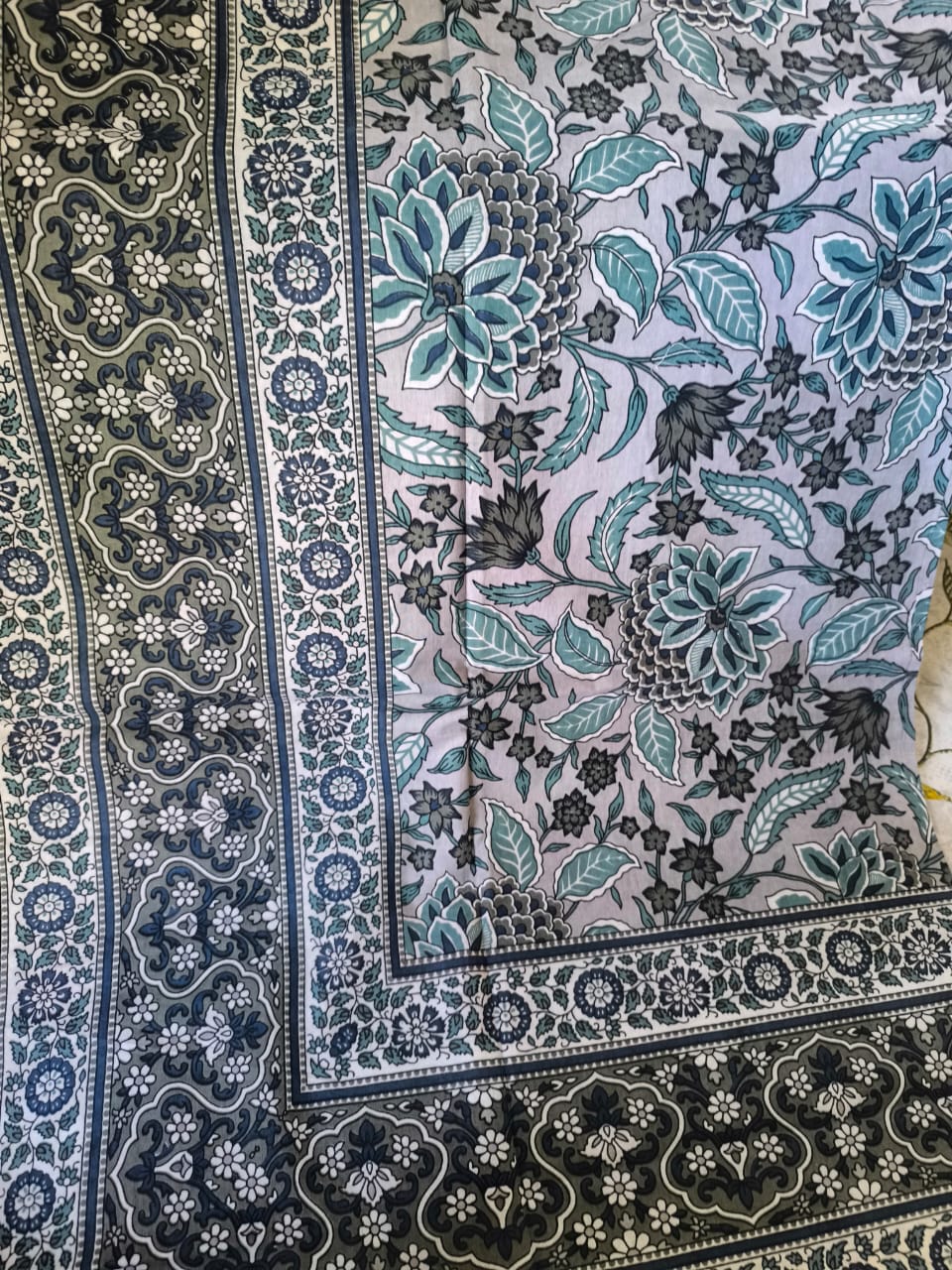 Handblock Print Pure Cotton Teal Floral Single Bedsheet (60 x 90in)