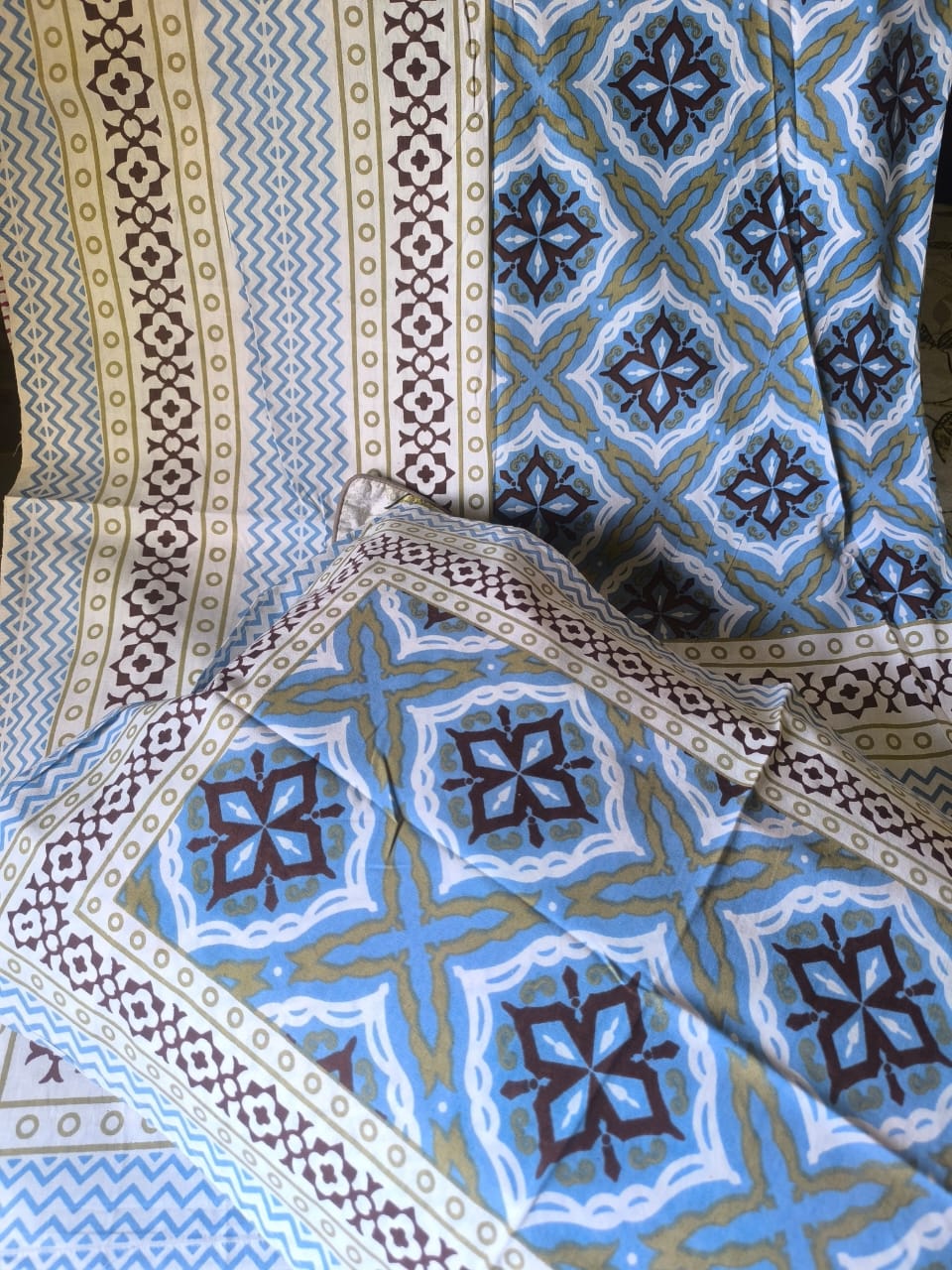 Hand block Print Pure Cotton Blue Abstract Pattern Single Bedsheet (60 x 90in)