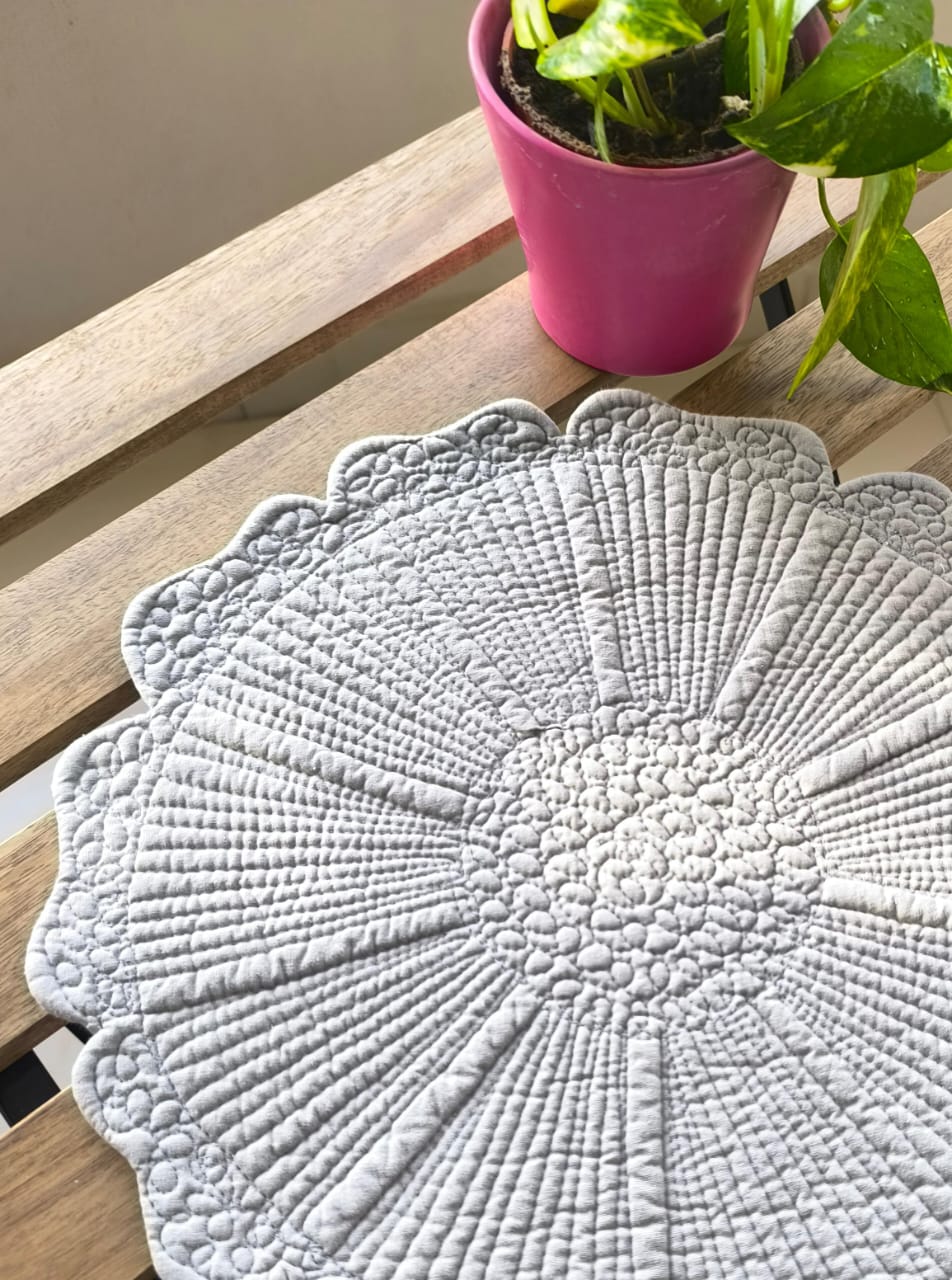 Beige Greyish Medium Round Quilted Decorative Table Placemat Trivet