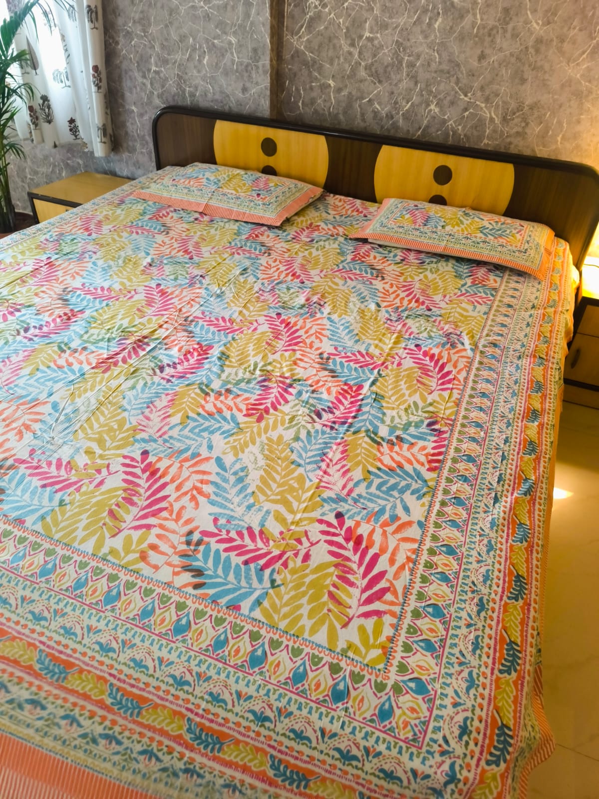 Royal Hand block Leaves Designer Pure Cotton Double Smaller King Bedsheet