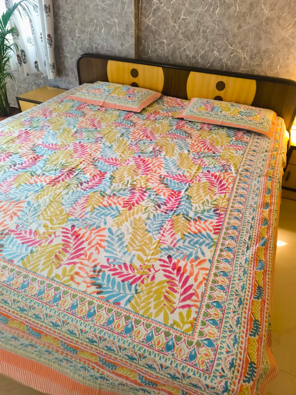 Royal Hand block Leaves Pure Cotton Double Smaller King Bedsheet