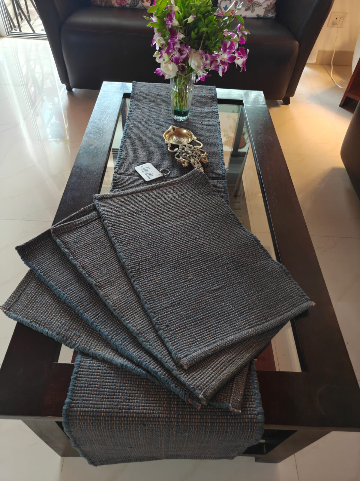 Sajja Handloom handmade Dining Table Runner and 4 table mat set | Eco-friendly Table linen | Sustainable Organic Cotton