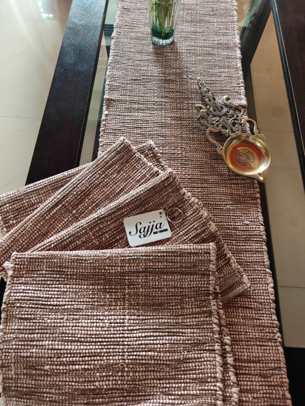 Sajja Handloom Dining Table Runner and 4 table mat set | Eco-friendly Table linen | Sustainable Organic Cotton Earthy Brown Peach