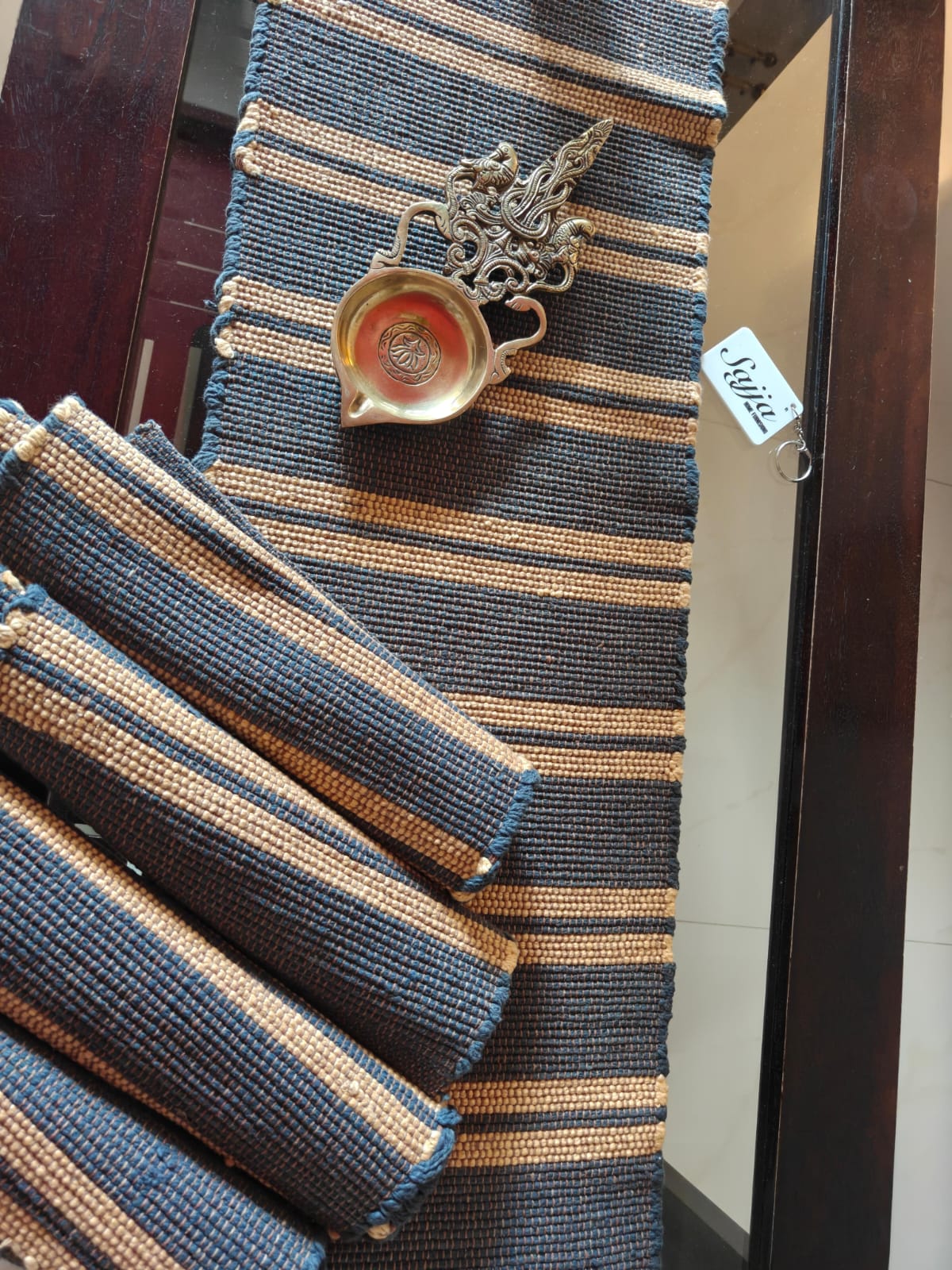 Sajja Handloom handmade Dining Table Runner and 4 table mat set | Sustainable Organic Cotton - Black Yellow Stripes