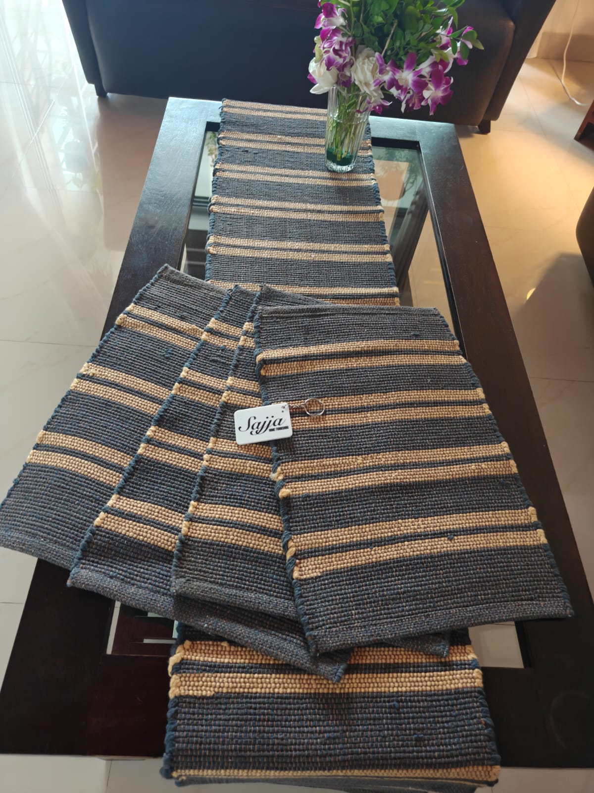 Sajja Handloom handmade Dining Table Runner and 4 table mat set | Sustainable Organic Cotton - Black Yellow Stripes