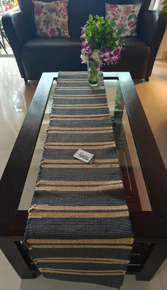Sajja Handloom handmade Dining Table Runner and 4 table mat set | Sustainable Organic Cotton - Black Yellow Stripes