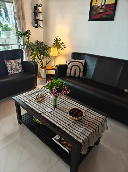 Premium Cotton Linen Brown Black Striped with Frills Table Runner Cover (L-60in, W-19in)