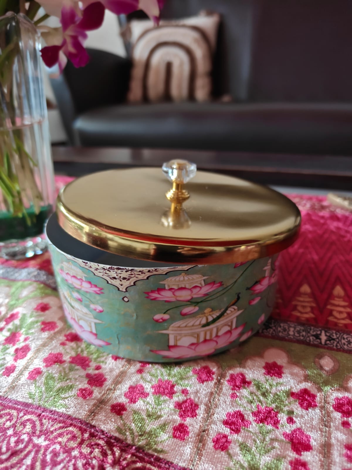 Decorative Green Teal Round Pichwai Jar With Gold plated Lid (5 x 2 " inches) | Storage Metal container | Dry Fruit Jar
