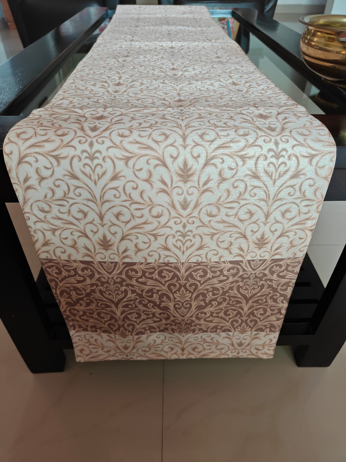 Buy Sajja French Ornate Carving Print in Beige Golden Silk Table runner