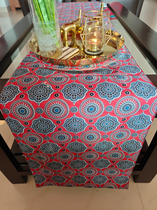 Table Runner Trending Ajarak Pattern Red Blue Dupioni Silk (L-72 in, W-12in)