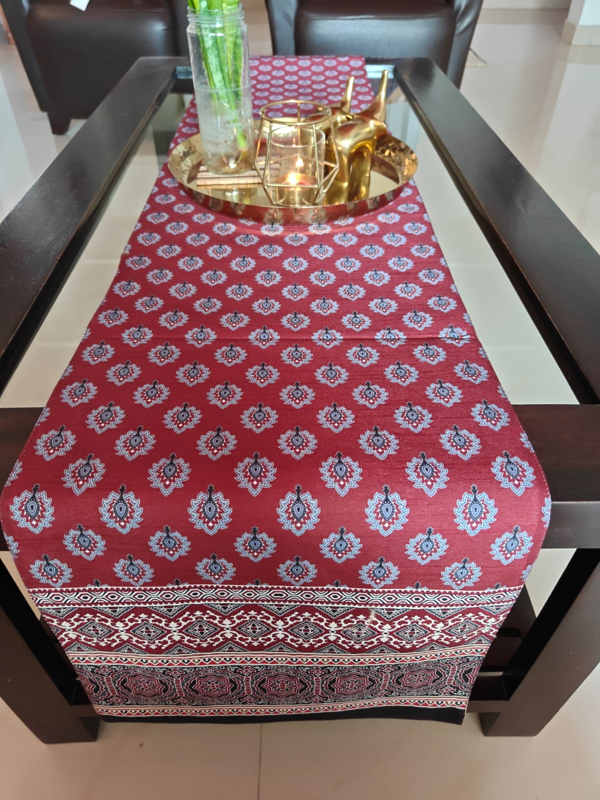 Dupioni Ajrakh Silk Table Runner Moroccan Floral Motif (L-72in, W-12in) In India